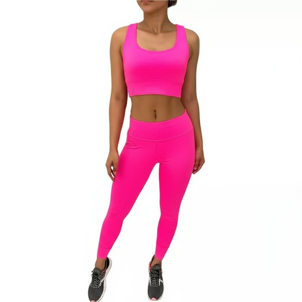 Womens Ribbed Crop Top Size L Neon Pink Scoop Neck Ribbed Knit Athletic Casual